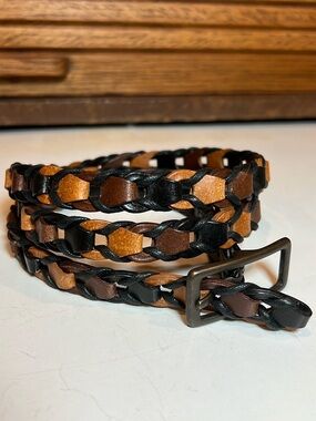 EUC woven leather belt in tan, brown, & chestnut